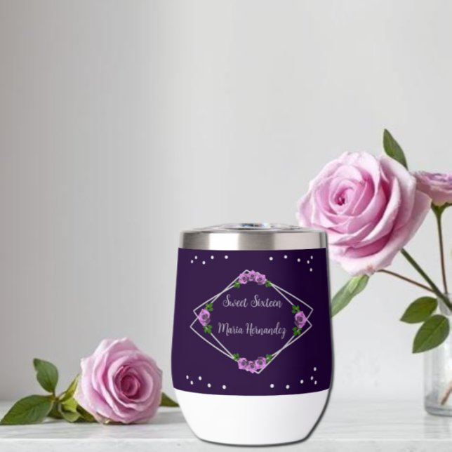 Purple Rose Silver Geometric Sweet 16 Thermal Wine Tumbler (Creator Uploaded)