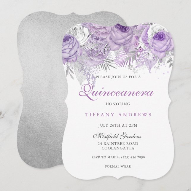 Purple Rose Silver Wonderland Quinceanera Invite (Front/Back)