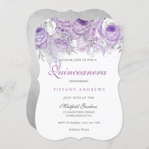 Purple Rose Silver Wonderland Quinceanera Invite