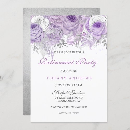 Purple Rose Silver Wonderland Retirement Party Invitation