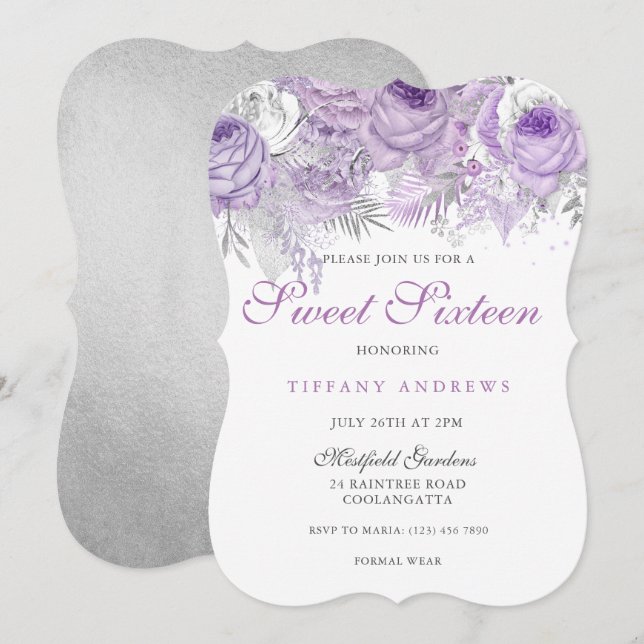 Purple Rose Silver Wonderland Sweet 16 Invite (Front/Back)