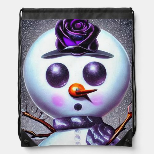Purple Rose Snowman Drawstring Bag