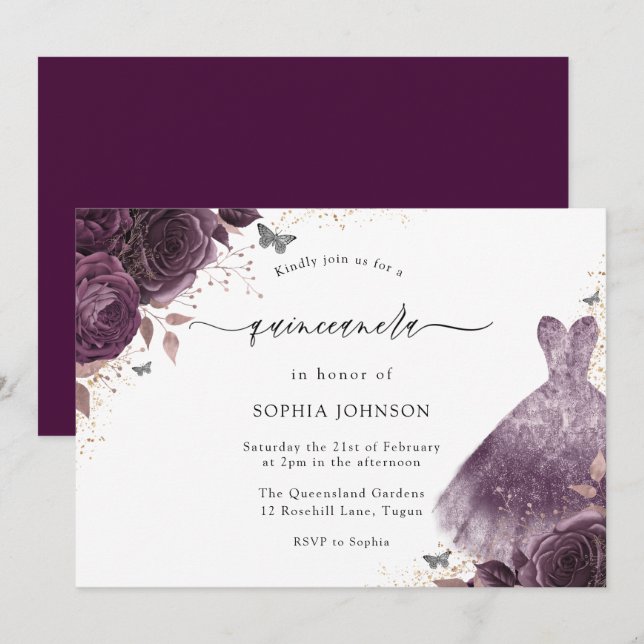 Purple Rose Sparkle Dress Floral Quinceanera Party Invitation (Front/Back)