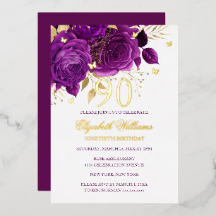 Purple Rose Sparkling Butterfly 90th Birthday Foil Invitation