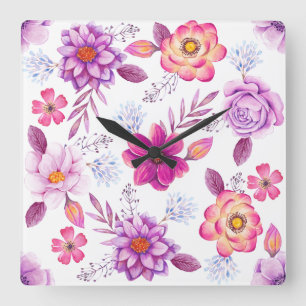 Purple rose square wall clock