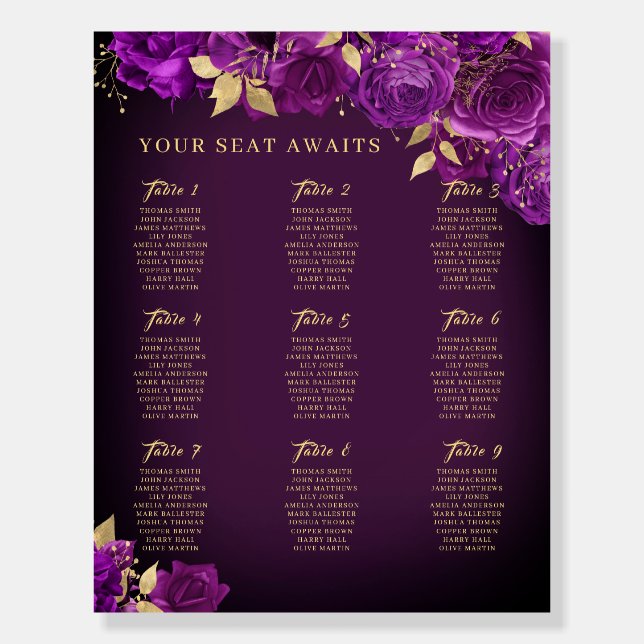 Purple Rose Swirl Gold Seating Chart  Foam Board (Front)