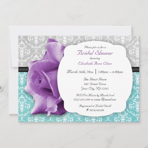 Purple Rose Teal Damask Bridal Shower Invitations