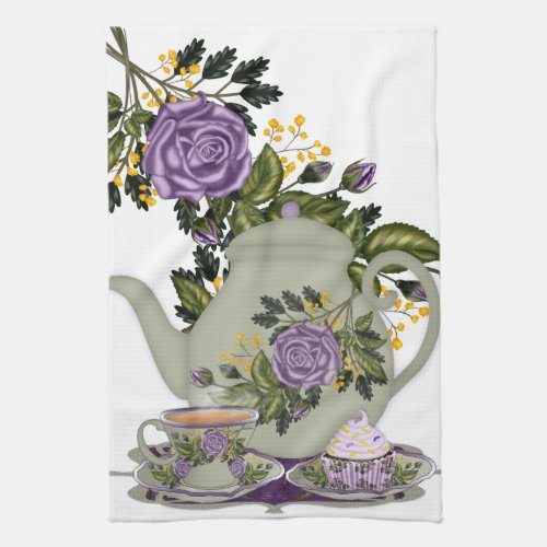 purple rose teapot teacup and cupcake towel