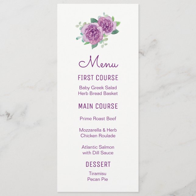 Purple Rose Watercolor Flower Menus (Front)