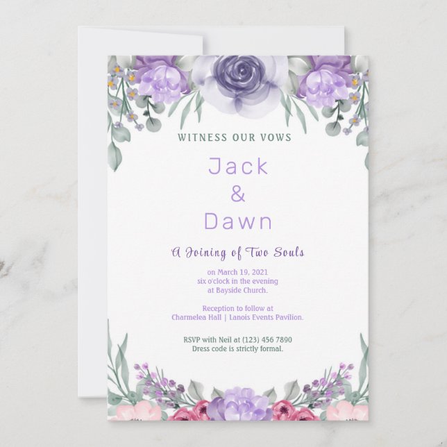 Purple Rose Watercolor Framed Wedding Invitation (Front)