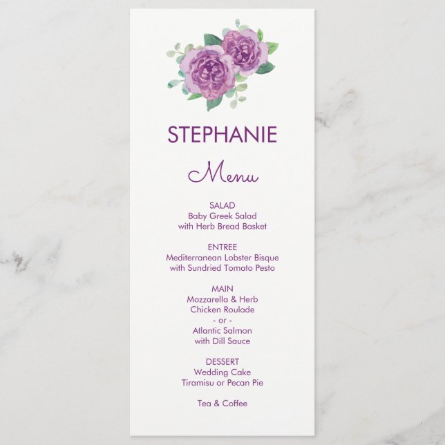 Purple Rose Watercolor Guest Name Wedding Menu (Front)
