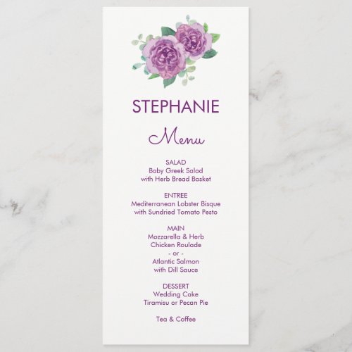 Purple Rose Watercolor Guest Name Wedding Menu