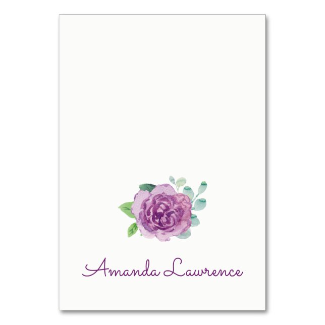 Purple Rose Watercolor Personalized Place Cards (Front)