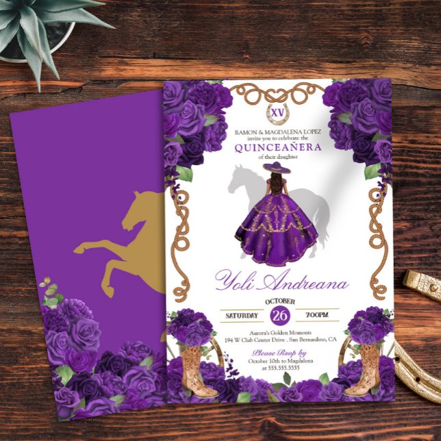 Purple Rose Western Charra Vestidos Quinceanera Invitation (Creator Uploaded)