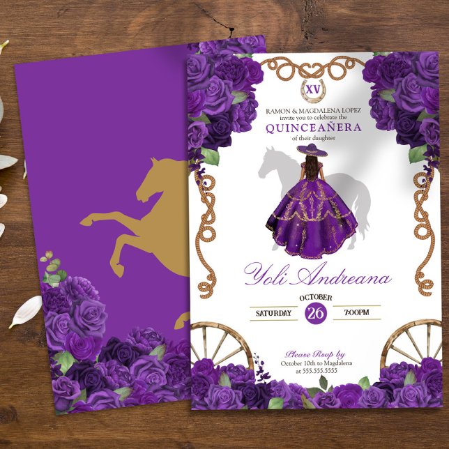 Purple Rose Western Ranchera Quinceanera Invitation (Creator Uploaded)