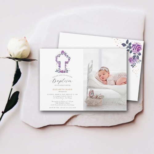 Purple Rose White Cross Baby Toddler Photo Baptism Invitation
