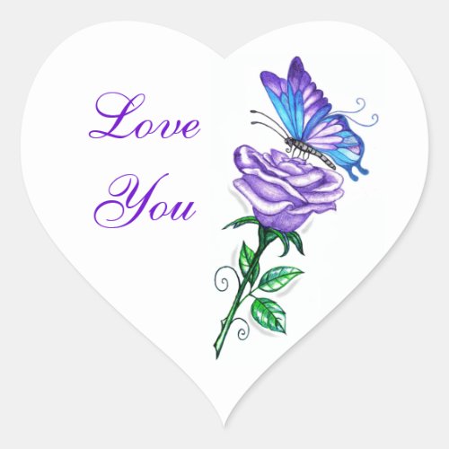 Purple Rose with Butterfly Heart Sticker