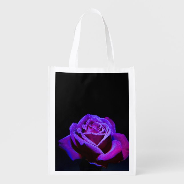 Purple Rose With Water Drops on Black Background Grocery Bag (Front)