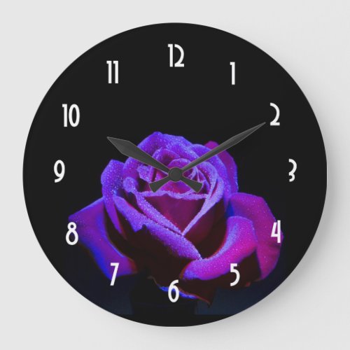 Purple Rose With Water Drops on Black Background Large Clock