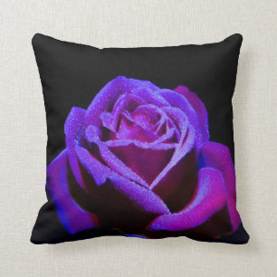 Purple Rose With Water Drops on Black Background Throw Pillow