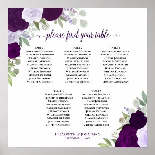 Purple Roses 5 Table Elegant Wedding Seating Chart