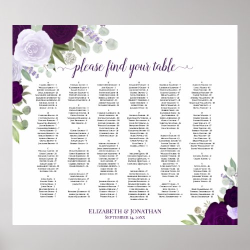 Purple Roses Alphabetical Wedding Seating Chart