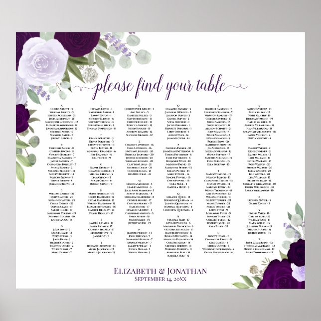 Purple Roses Alphabetical Wedding Seating Chart (Front)
