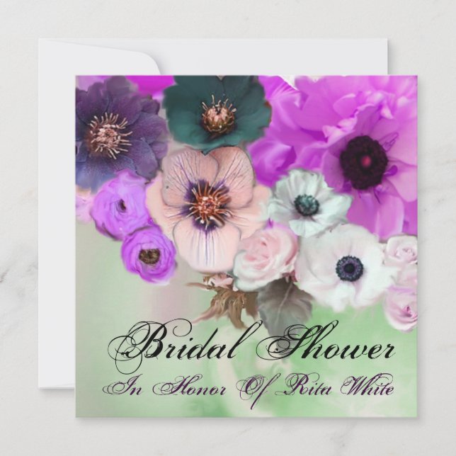 PURPLE  ROSES AND ANEMONE FLOWERS BRIDAL SHOWER INVITATION (Front)