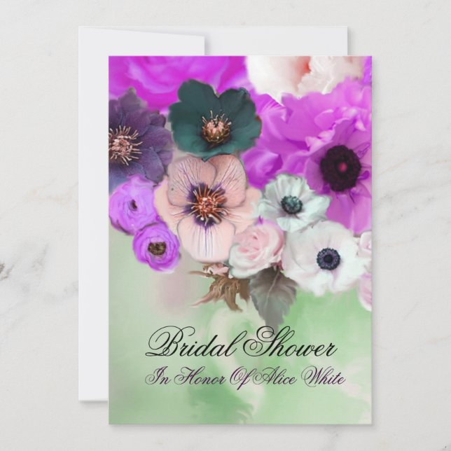 PURPLE  ROSES AND ANEMONE FLOWERS BRIDAL SHOWER INVITATION (Front)