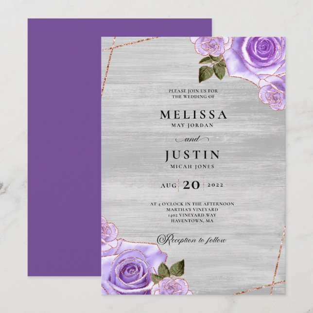 Purple Roses and Glitter wood Wedding Invitation (Front/Back)