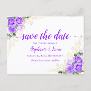 Purple Roses and Gold Floral Wedding Announcement Postcard