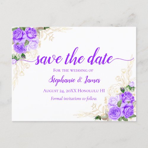 Purple Roses and Gold Floral Wedding Announcement Postcard
