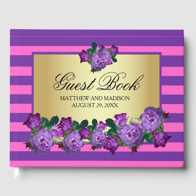 Purple Roses and Gold Personalized Wedding Guest Book (Front)