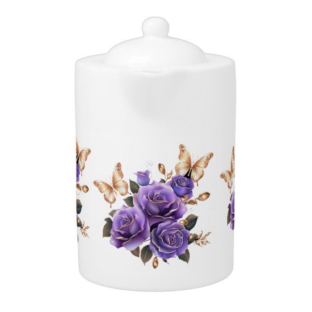 Purple Roses And Golden Butterflies  Teapot (Front)