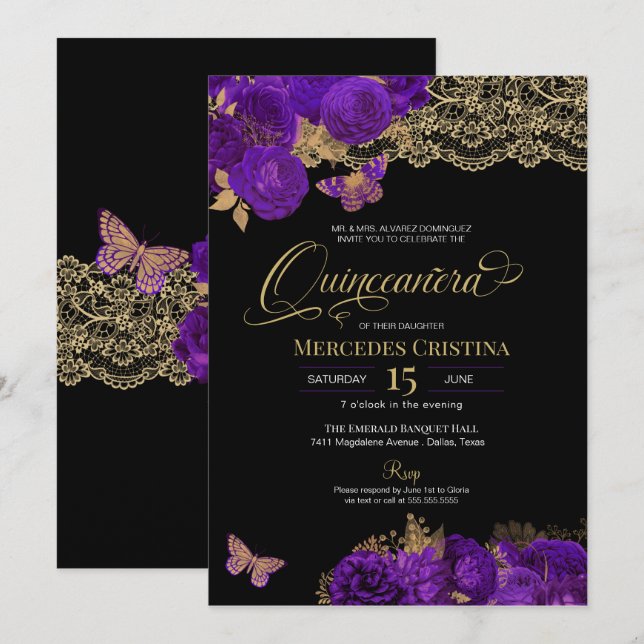 Purple Roses and Lace Butterfly Quinceañera Invita Invitation (Front/Back)