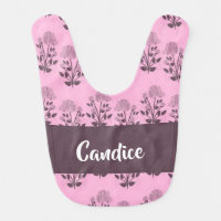 Purple roses and leaves on pink baby bib