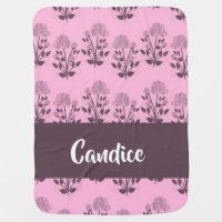 Purple roses and leaves on pink baby blanket