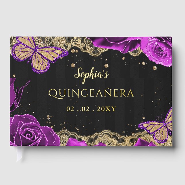 Purple Roses Black Gold Lace Butterfly Quinceañera Foil Guest Book (Front)