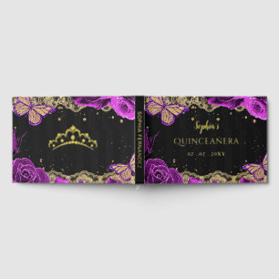Purple Roses Black Gold Lace Butterfly Quinceañera Foil Guest Book
