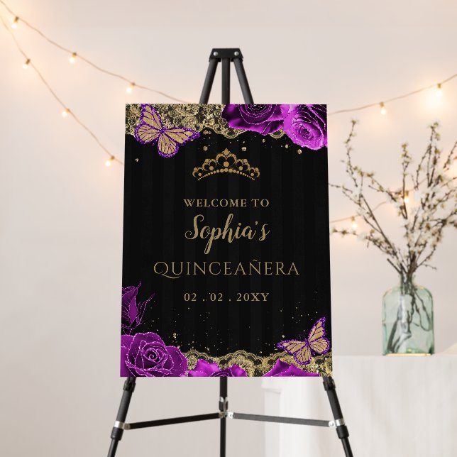 Purple Roses Black Gold Quinceañera Welcome Sign (In Situ (Stand))