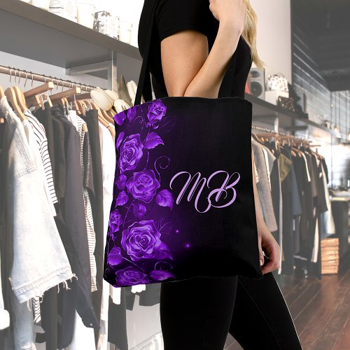 Purple roses black monogrammed tote bag