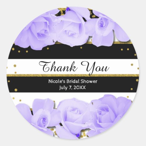 Purple Roses Black Stripes  Gold Bridal Shower Classic Round Sticker