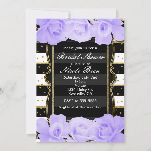 Purple Roses Black Stripes  Gold Bridal Shower Invitation