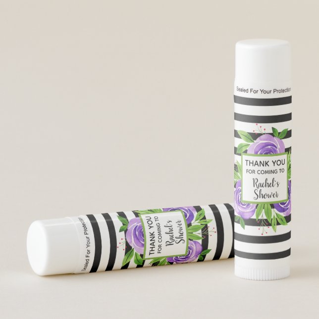 Purple Roses Black & White Stripes Thank You Gift Lip Balm (Front)