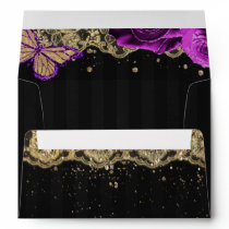 Purple Roses Butterfly Black Gold Lace Envelope