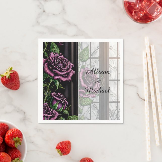 Purple roses by the window - gothic style napkins (Insitu)