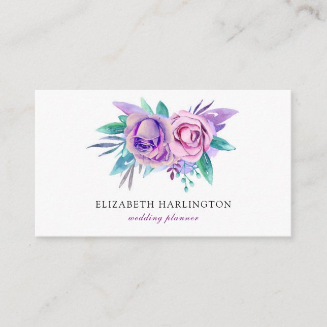 Purple roses card. Florals. Watercolor flowers Business Card (Front)