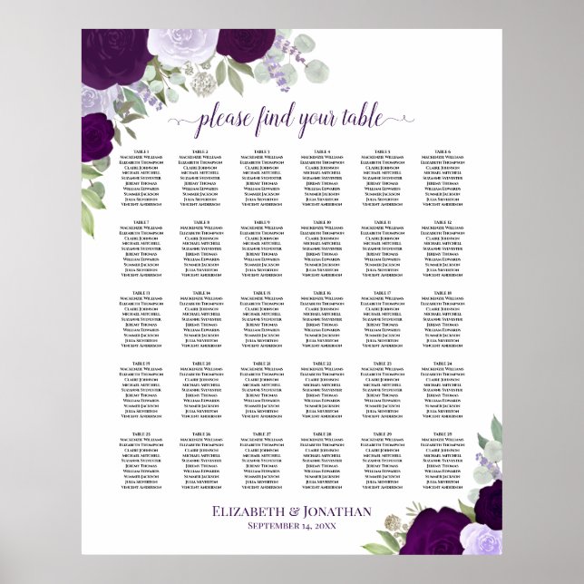 Purple Roses Chic 30 Table Wedding Seating Chart (Front)