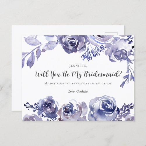 Purple Roses Chic Floral Will You Be My Bridesmaid Postcard