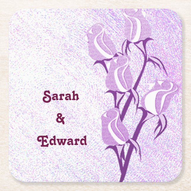 Purple Roses Couple Personalized Paper Coasters (Front)